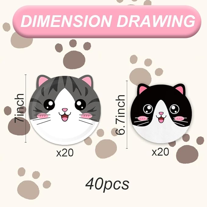 Egami 40pcs Cat birthday Party Decoration,include 20 dessert plate, 20 Napkin,Used for kitten birthday Party Supplies