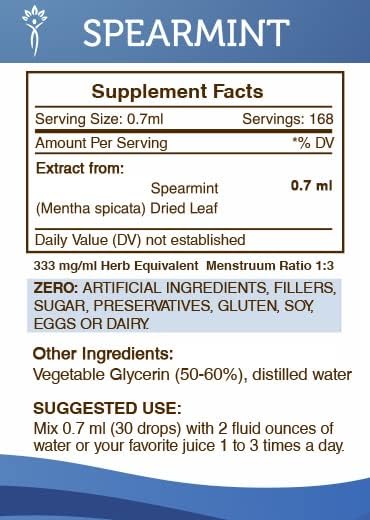 Spearmint Alcohol-Free Liquid Extract, Spearmint (Mentha spicata) Dried Leaf Tincture Supplement (4 FL OZ)