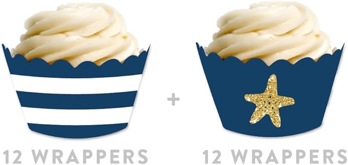 Andaz Press Party Cupcake Wrapper Decorations, Navy Blue Stripes and Faux Gold Glitter Starfish, 24-Pack, Nautical Sailing Ocean Wedding Bridal Baby Shower Birthday Theme Colored Bulk Cake Supplies