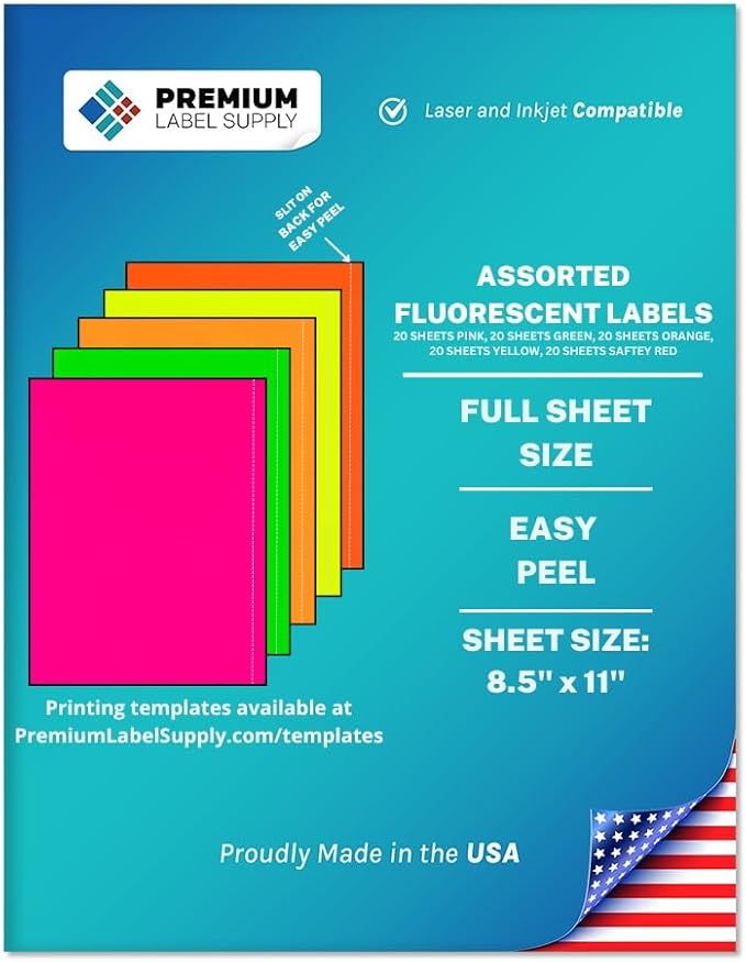 Premium Label Supply Bright Neon Color Fluorescent Sticker Labels - 8.5" x 11" Full Sheet Labels - (Assorted Fluorescent, 100 Sheets)
