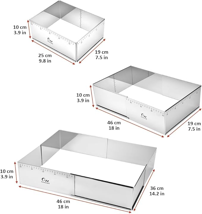 Guowall Rectangular Cake Ring Mold Extensible Pastry Mould Stainless Steel Adjustable Tiramisu Frame Big Size for Baking - (10-18) x (7.5-14) x 3.9 inch