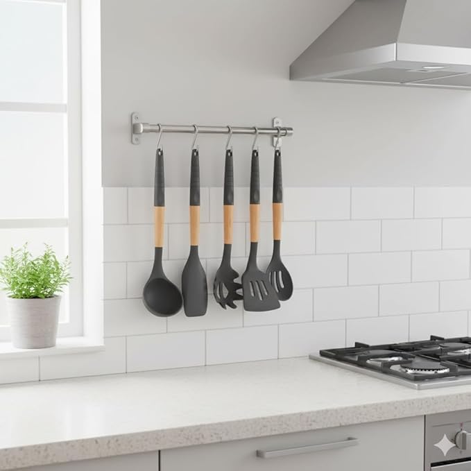 Kitchen Utensils Set, Special Edition with Silicon Handle, Silicone Cooking Tools, 6 Piece, Black, 12.9 Inch Length, Used for Cooking, Baking, Mixing, Serving