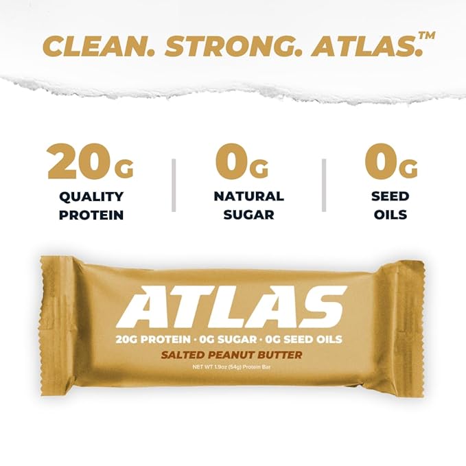 Atlas Bar – 20g Protein, 1g Sugar, 0g Seed Oils, 0g Artificial Sweeteners (12 Count, Salted Peanut Butter)