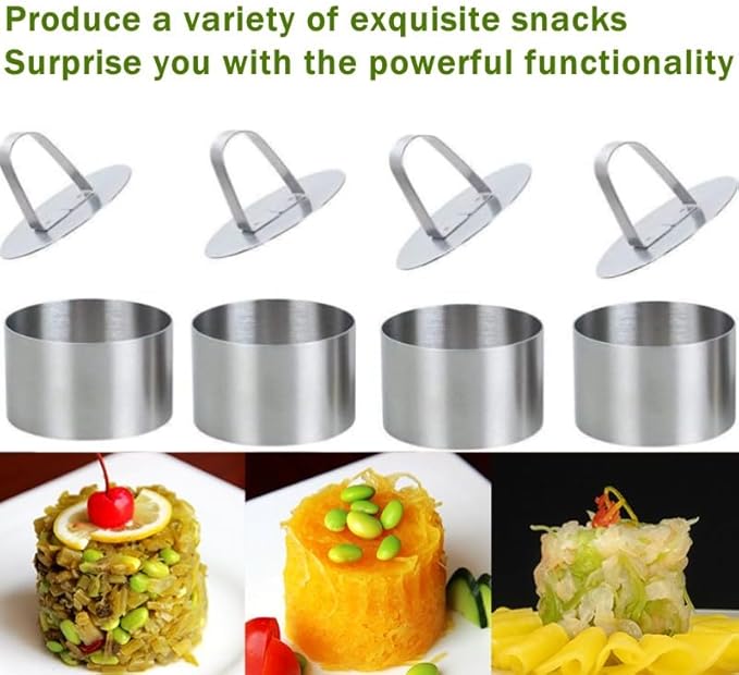 Round Cake Rings Cake Molds Set of 8, Stainless Steel Mousse and Pastry Mini Baking Ring Mold, Food Rings Dessert Rings Set Including 8 Rings & 8 Food Presses,3.15"x1.57"