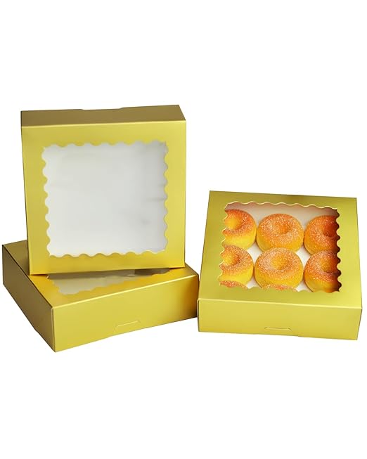 qiqee Gold Pastry Box With Window 8x8x2.5 inch Donut Pie Boxes 30pcs Bakery Box Auto-pop up