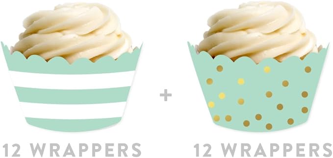 Andaz Press Party Cupcake Wrapper Decorations, Mint Green Stripes and Metallic Gold Ink Polka Dots, 24-Pack, Theme Colored Bulk Cake Supplies