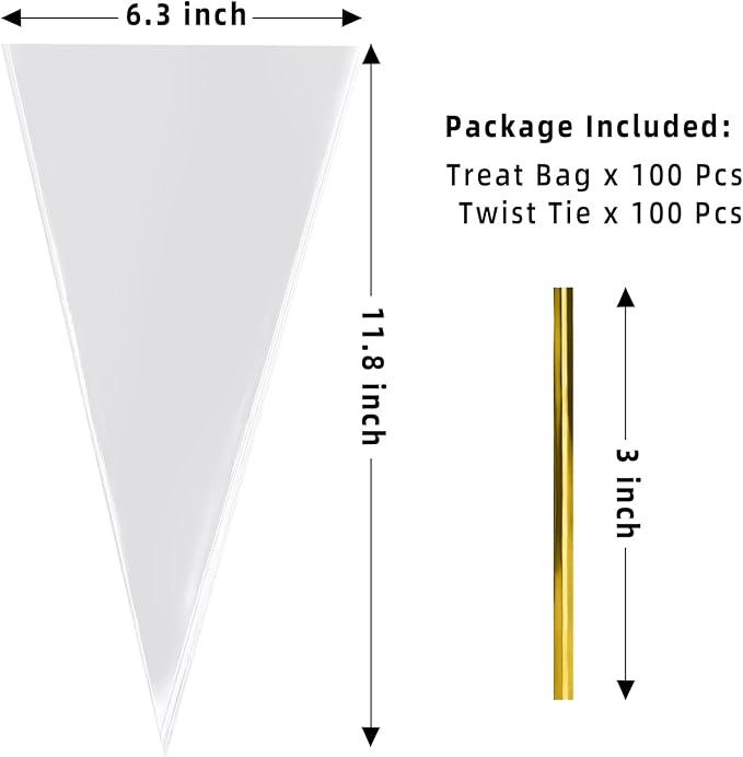 Morepack Cone Shaped Treat Bags, 6.3x11.8 Inches Clear Cone Shaped Cellophane Treat Bags, Triangle Plastic Bag for Popcorn Favor, Candy,100 Pieces