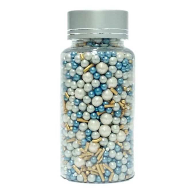 Confect Blue & Gold Pearl Cake Sprinkles Mix with White Pearls – Decorative Edible Topping for Cakes, Cupcakes & Desserts | Vegan, Gluten-Free, Nut-Free, Soy-Free, Dairy-Free, Palm Oil-Free- 4.2 Oz