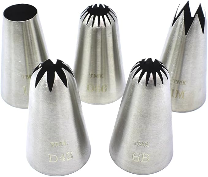 5 Pack Stainless Steel Seamless Piping Icing Tips 1M 1A D66 D42 6B, Large Piping Nozzle, Cake Decorating Tools for Cupcake Baker