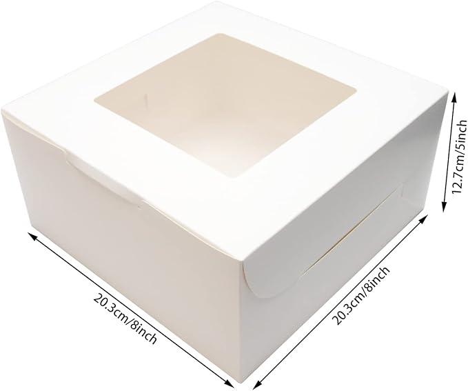 10Packs 8x8x5 Inches White Cake Boxes with Window, Gift Packing, Bakery Boxes, Dessert, Pastry, Cupcake, Pie Cookies, With Stickers,66 FT Twine (8 * 8 * 5 Inch, White)