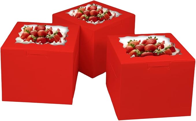 Bakepacker Red 8x8x5 Inches 36pcs Cake Boxes with Window 18-Packs Red Cake Boxes 8 Inch Bakery Boxes (18 Cake Boxes +18 Cake Boards Included)