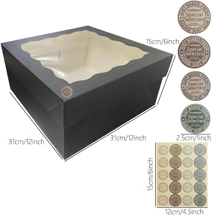 Generic 20Pcs (12x12x6 in) Cake Boxes+1 stickers with Display Window for Gift Giving, Bakesale, Cupcakes, Dessert, Cookies, Pie, Macaroons, Donuts, Pastry, Kraft Paper Material… (20Pcs Black), 12CDGH