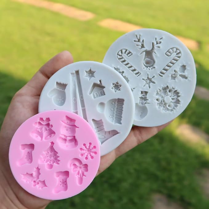 3 Pcs Fondant Silicone Molds, CNYMANY 25 Cavity 3D Christmas Sugar Craft Cake Decoration Cupcake Topper Crafting Projects Gum Paste Resin Polymer Clay Mould