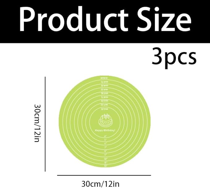 3 Pcs Silicone Cake Mats, 12 Inch Silicone Baking Mat with Measurements Reusable Round Non-Stick Non-Slip Heat Resistant Sheets for Cake Turntable, Pizza Dough Pastry Rolling (Pink, Blue, Green)