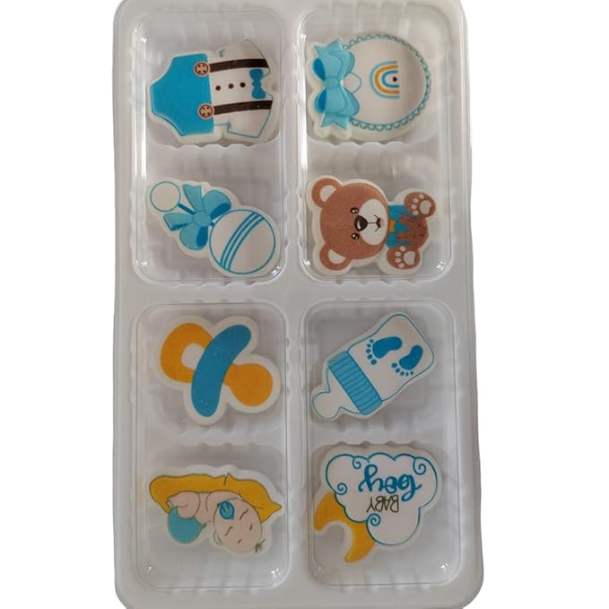 Edible 8pcs Blue Boys Baby Showers Themed Cake Decorations Dessert Sugar Sprinkles Party Cookie DIY Cake Cupcake Topper Icing Frosting Decoration Holiday Supplies