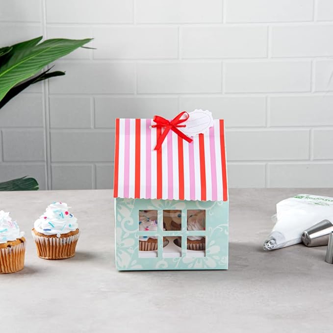 Restaurantware Pastry Tek 6 Inch x 7.8 Inch Cupcake Gift Boxes 100 Fits 4 Cupcake Favor Boxes - House Cupcake Inserts Pink And Blue Paper Treat Boxes With Window For Weddings Or Parties