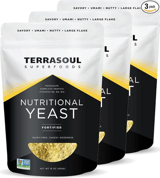 Terrasoul Superfoods Premium Nutritional Yeast Flakes, 3 Lbs (Pack of 3), Fortified, Savory Superfood for Vegan Cheese, Seasoning, and Plant-Based Protein Boost