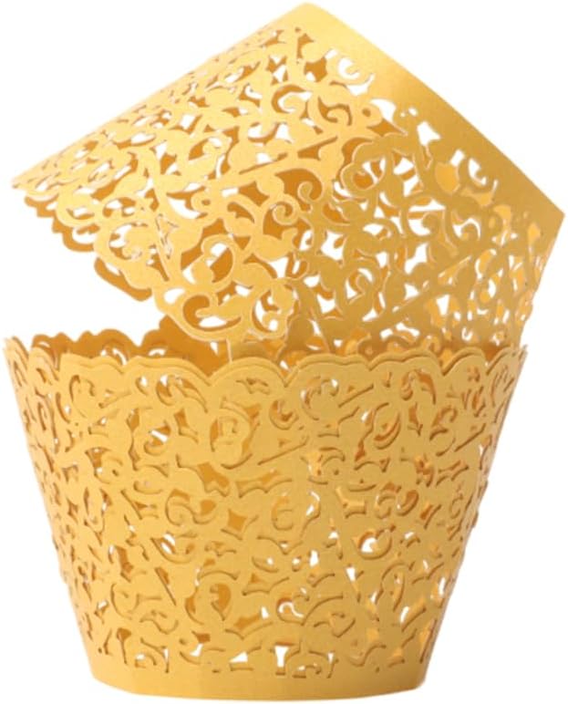 100pcs Yellow-Gold Cupcake Wrappers Artistic Bake Cake Paper Cups Little Vine Lace Laser Cut Liner Baking Cup Muffin Case Trays for Wedding Party Birthday Decoration (Gold)