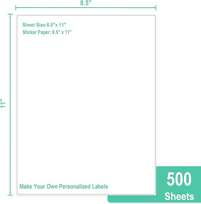 L LIKED 500 Sheet 8.5 x 11 Full Sheet Label, Matte, White Sticker Paper for Laser & Inkjet, Strong Adhesive (500 PCS)