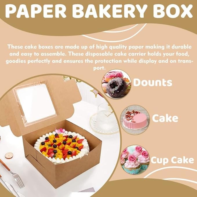 JBR & JM 5-Pack Brown Cake Boxes with Window - 10x10x5 Inches, Disposable Bakery Box for Cakes, Pastries, Desserts, Cookies - Square Cake Containers for Birthday Parties and Weddings