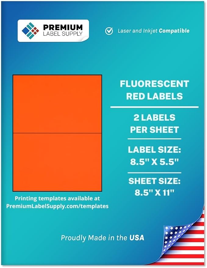 Premium Label Supply Bright Neon Color Fluorescent Sticker Labels - 8.5" x 5.5" Half Sheet Labels - (Fluorescent Red, 1000 Labels)