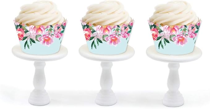 Andaz Press Party Cupcake Wrapper Decorations, Pink Roses and Peonies on Baby Blue, 24-Pack, For Girls 1st Birthday Baby Bridal Shower Tea Party Themed Decorations