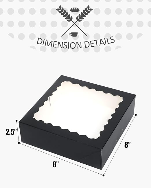 qiqee Auto-pop Up Black Pastry Box With Window 8x8x2.5 Inch Donut Pie Boxes 30pcs Bakery Box