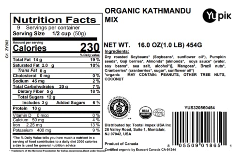 Yupik Organic Kathmdu Mix, 1 lb (16 oz), USDA Certified, Gluten-Free, Vegan, Non-GMO, Colorful Dried Fruit, Seeds, Beans, & Nuts with Goji Berries, Mango, Brazil Nuts, Pumpkin Seeds, & Tamari Almonds