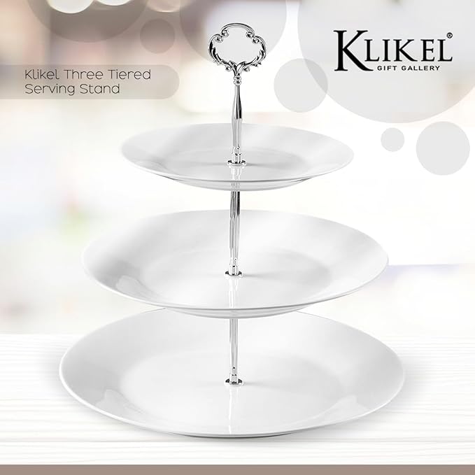 Klikel 3 Tiered Serving Stand -Silver Serving Tray for Parties - Round Platter for Cupcakes Fruits Dessert or Tea - Cake Pop Stand and Buffet Server