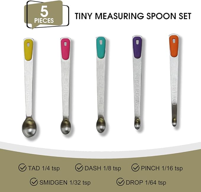 2Pack Mini Measuring Spoons Set, Tiny Stainless Steel Measure Teaspoons with Silicone Handle, Suitable for Small Amount of Dry or Liquid Ingredients (1/64, 1/32, 1/16, 1/8, 1/4 tsp)