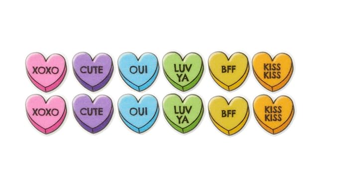 Orange, Yellow, Green, Blue, Pink, and Purple Heart Shape Edible Sugar Cake Toppers, 12 Count