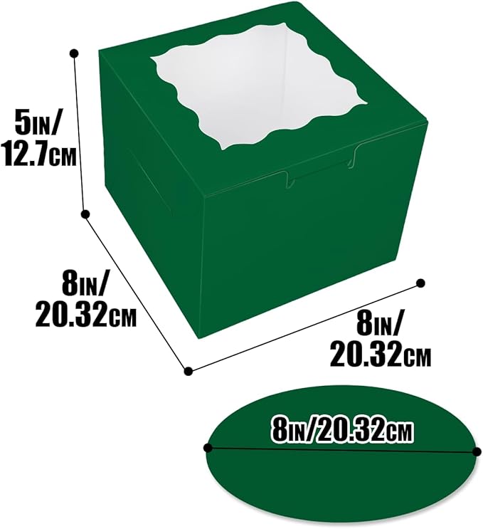 Bakepacker Deep Green 8x8x5 Inches 36pcs Cake Boxes with Window 18-Packs Deep Green Cake Boxes 8 Inch Bakery Boxes (18 Cake Boxes +18 Cake Boards Included)
