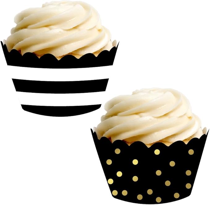 Andaz Press Party Cupcake Wrapper Decorations, Black Stripes and Metallic Gold Ink Polka Dots, 24-Pack, Theme Colored Bulk Cake Supplies