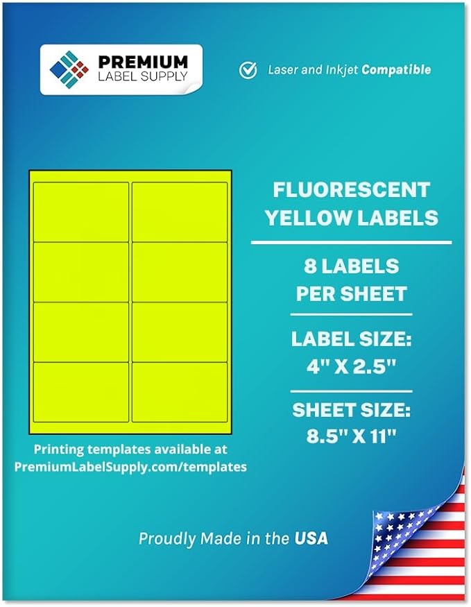 Premium Label Supply Bright Neon Color Fluorescent Sticker Labels - 4" x 2.5" Address Labels - (Fluorescent Yellow, 8,000 Labels)