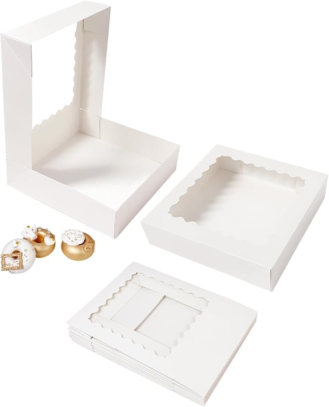 Bakepacker 55pcs White Pie Boxes 8x8x2.5 inches Easy Assemble Macaroon Bakery Boxes Cookie Boxes with Window for Bakery (Auto-pop Up)