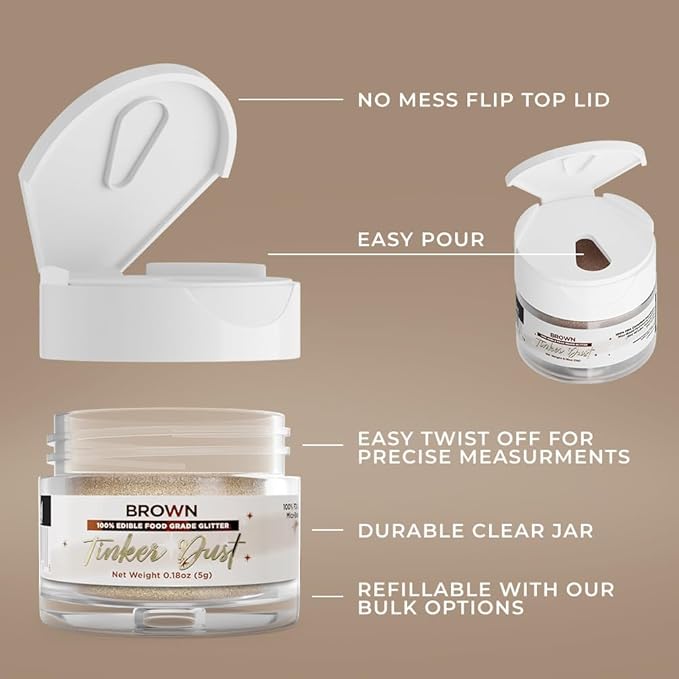 Bakell - Brown Tinker Dust (5g, 1x Jar) Edible Glitter for Food, Desserts, and Beverages!