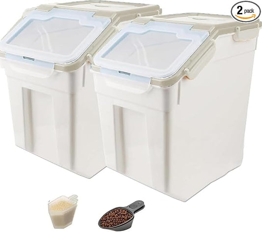 YXQ 50LB Large Flour Storage Container Bin,2 Pack Airtight Plastic with Wheels Seal Locking Lid Dispenser Organizer Bin with Measuring Cup & Scoop for Flour, Rice, Grain 100LBS Total Capacity(Grey)