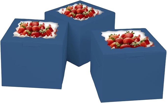 Bakepacker Ink Blue 8x8x5 Inches Cake Boxes with Window, 18-Pack (18 Cake Boxes + 18 Cake Boards Included)