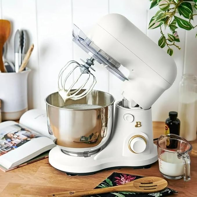 Beautiful 3.5 Qt Tilt-Head Stand Mixer | 12-Speed 300 W Motor | Stainless Bowl Beater, Dough Hook & Whisk by Drew Barrymore (White)