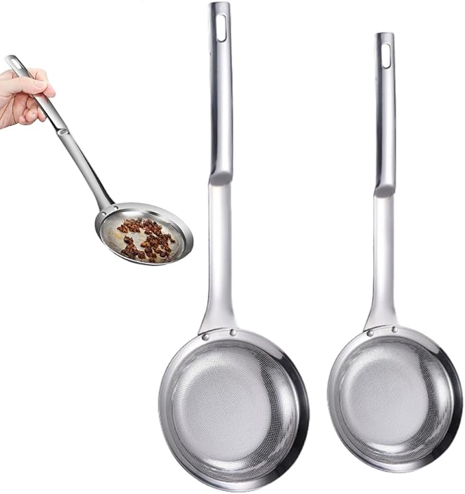 Fine Mesh Stainless Steel Colander, 2024 New Stainless Steel Fine Mesh Strainer for Oil Filter Skimming Grease and Foam, Premium Skimmer Spoon Fine Mesh Strainer with Long Handle (A-2Pcs)