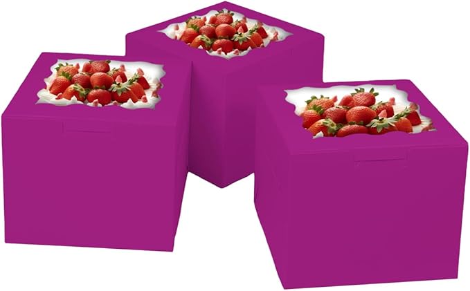 Bakepacker 36pcs 6x6x5 Inches Cake Boxes with Window 18-Packs Deep Purple Cake Boxes 6 Inch Bakery Boxes (18 Cake Boxes +18 Cake Boards Included)