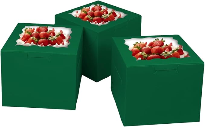 Bakepacker Deep Green 8x8x5 Inches 36pcs Cake Boxes with Window 18-Packs Deep Green Cake Boxes 8 Inch Bakery Boxes (18 Cake Boxes +18 Cake Boards Included)