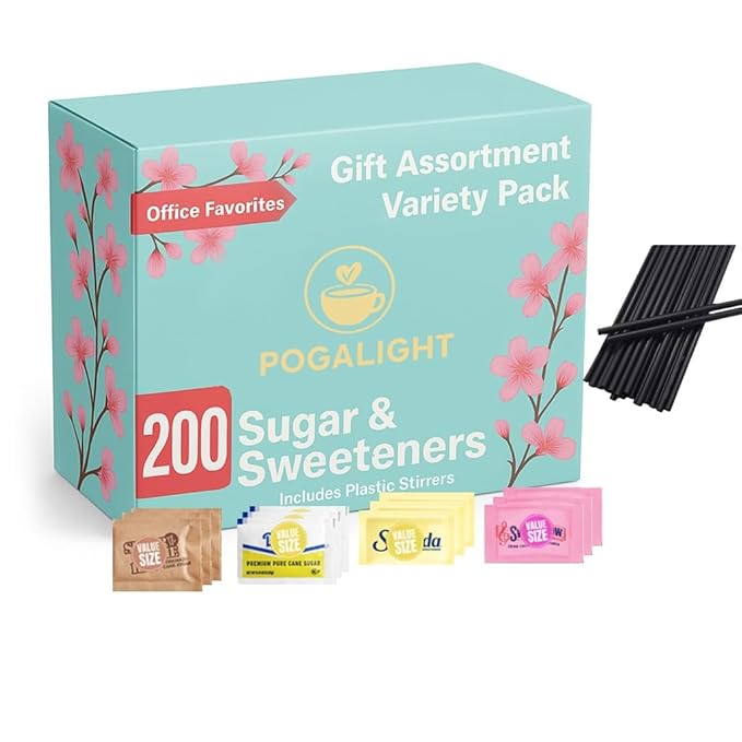 Sugar and Sweeteners Variety Pack - 25 Pure Cane Sugar, 25 Brown Sugar, 25 Yellow Sweetner, 25 Pink Sweetener, 100 Plastic Stirrers - Perfect for Coffee, Tea, Baking, Office, Restaurant, Sugar and Sweetener Assortment Packets .