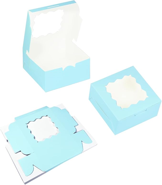 Bakepacker Light Blue 30-Packs Bakery Boxes with Window 6x6x3 inches Thick & Sturdy Macaroon Pastry Boxes Cookie Boxes for Bakerys
