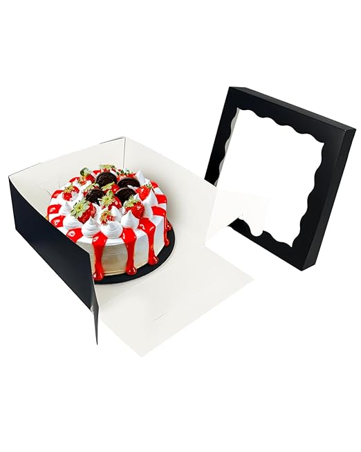 qiqee 12x12x6 Cake Box, 18 Sets Black Cake Box with Window ＆ 18 Sets 8" Cake Round Boards, 8inch Cake Containers, 10 Meters Silk Ribbon