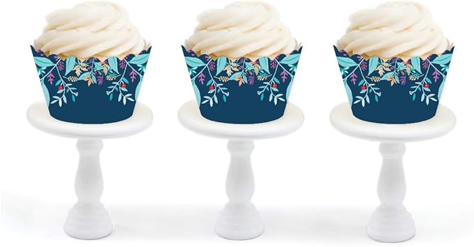 Andaz Press Party Cupcake Wrapper Decorations, Bohemian Vintage Aqua Floral Flowers on Navy Blue, 24-Pack, For Girls 1st Birthday Baby Bridal Shower Tea Party Themed Decorations