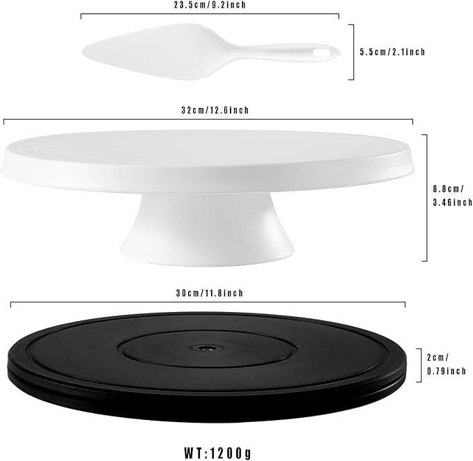 12 inch Revolving Cake Stand with Spatula, White Rotating Cake Turntable for Cake, Bamboo Fiber, Multi-Functional Rotating Cake Stand for Decorating Used as Cake Plate Holder & Serving Platter