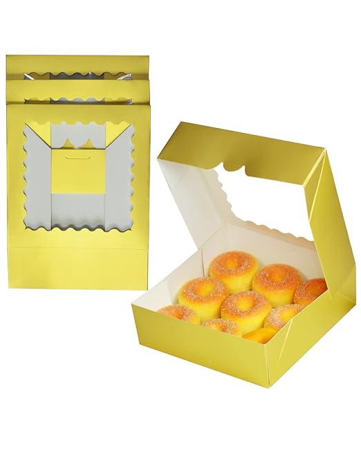 qiqee Gold Pastry Box With Window 8x8x2.5 inch Donut Pie Boxes 30pcs Bakery Box Auto-pop up