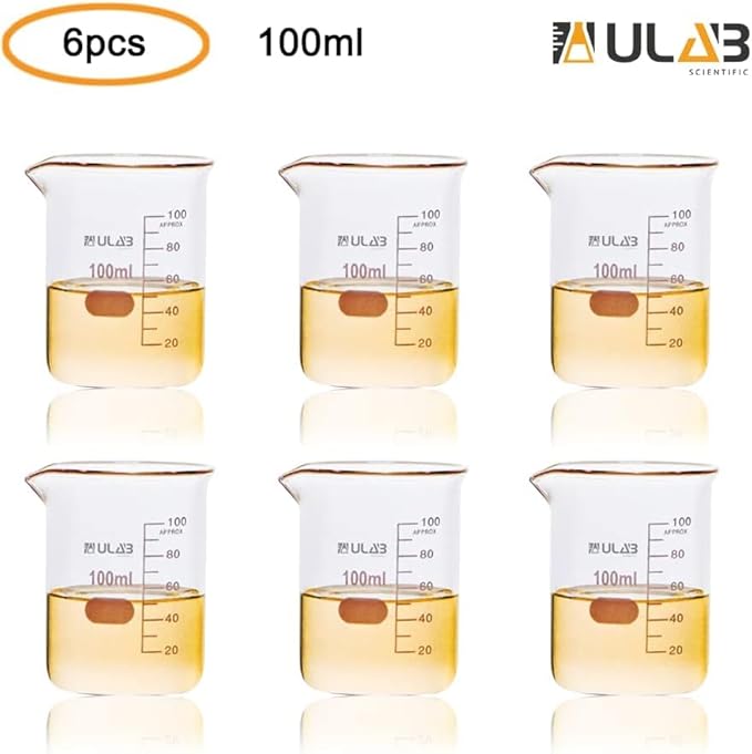 ULAB Scientific Glass Beaker Set, Vol.100ml, Shot Glass, 3.3 Borosilicate Griffin Low Form with Printed Graduation, Pack of 6, UBG1014