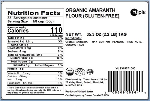 Yupik Organic Amaranth Flour 2.2 lb (35.2 oz), Pack of 6, USDA Certified, Gluten-Free, Non-GMO, Vegan, Kosher, Finely Milled Nutty Flour, Non-Flavoured, Ideal for Baking & Cooking